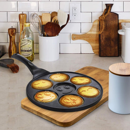 SKY-TOUCH Seven Hole Smiley Faces Pancake Pan, Non Stick Pan Muffin Flat Pot Egg Dumpling Fried Egg Mold Breakfast Pot, 26.5x26.5cm - with Cool Touch Handle