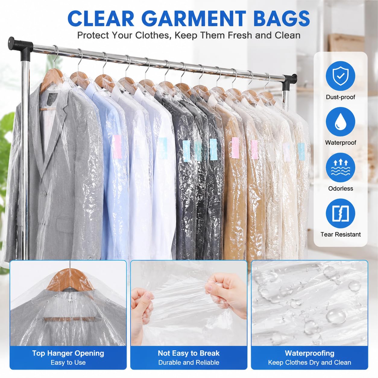 SKY-TOUCH 50 Pack Plastic Garment Bags, Clear Dustproof Clothes Covers for Suits, Dresses, Jackets, and Shirts – Heavy Duty,Waterproof, and Tear-Resistant, 60 x 120 cm