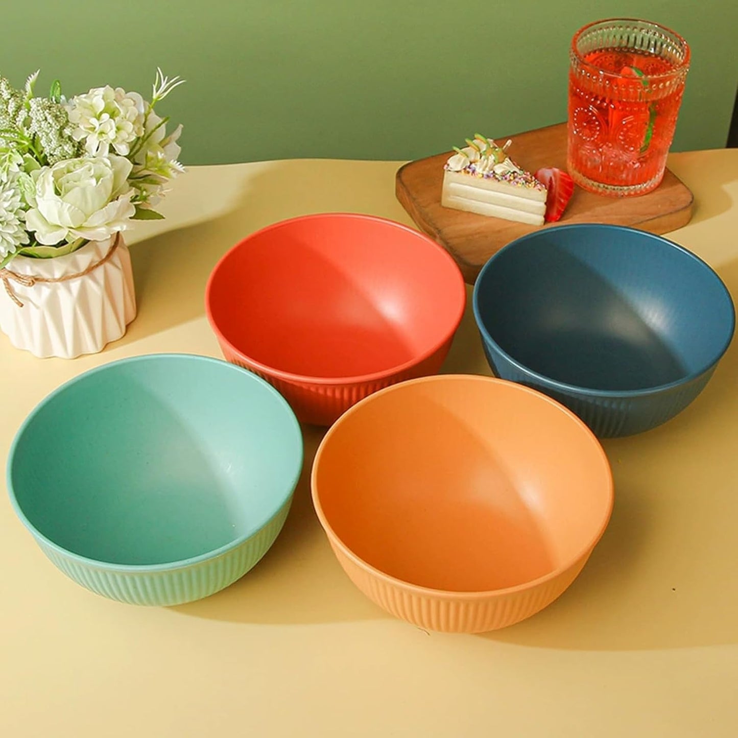 SKY-TOUCH 4 Pack Wheat Straw Bowls, 24 oz Reusable Unbreakable Bowls with 3D Textured Stripe Design, Lightweight BPA-Free Bowls, Dishwasher Safe Salad Soup Cereal Bowls for Kitchen Dining Outdoor Use