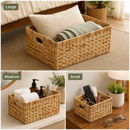 SKY-TOUCH Wicker Storage Baskets Set of 3, Handwoven Paper Rope Baskets with Wooden Handles, Decorative Organizer for Tabletop, Cabinet, Shelf, Pantry and Home Storage