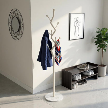 SKY-TOUCH Metal Coat Rack Stand, Freestanding Modern Coat Tree with Sturdy Marble-Look Base, Multi-Hook Hall Tree Organizer for Entryway, Hallway, Bedroom, Living Room, White, 27x27x170cm