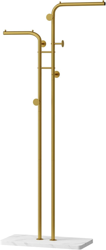SKY-TOUCH Metal Coat Rack, Modern Double-Pole Clothes Hanger Stand with 5 Hooks, Freestanding Coat Tree with Stable Base for Entryway, Closet, Bedroom, Living Room, Gold