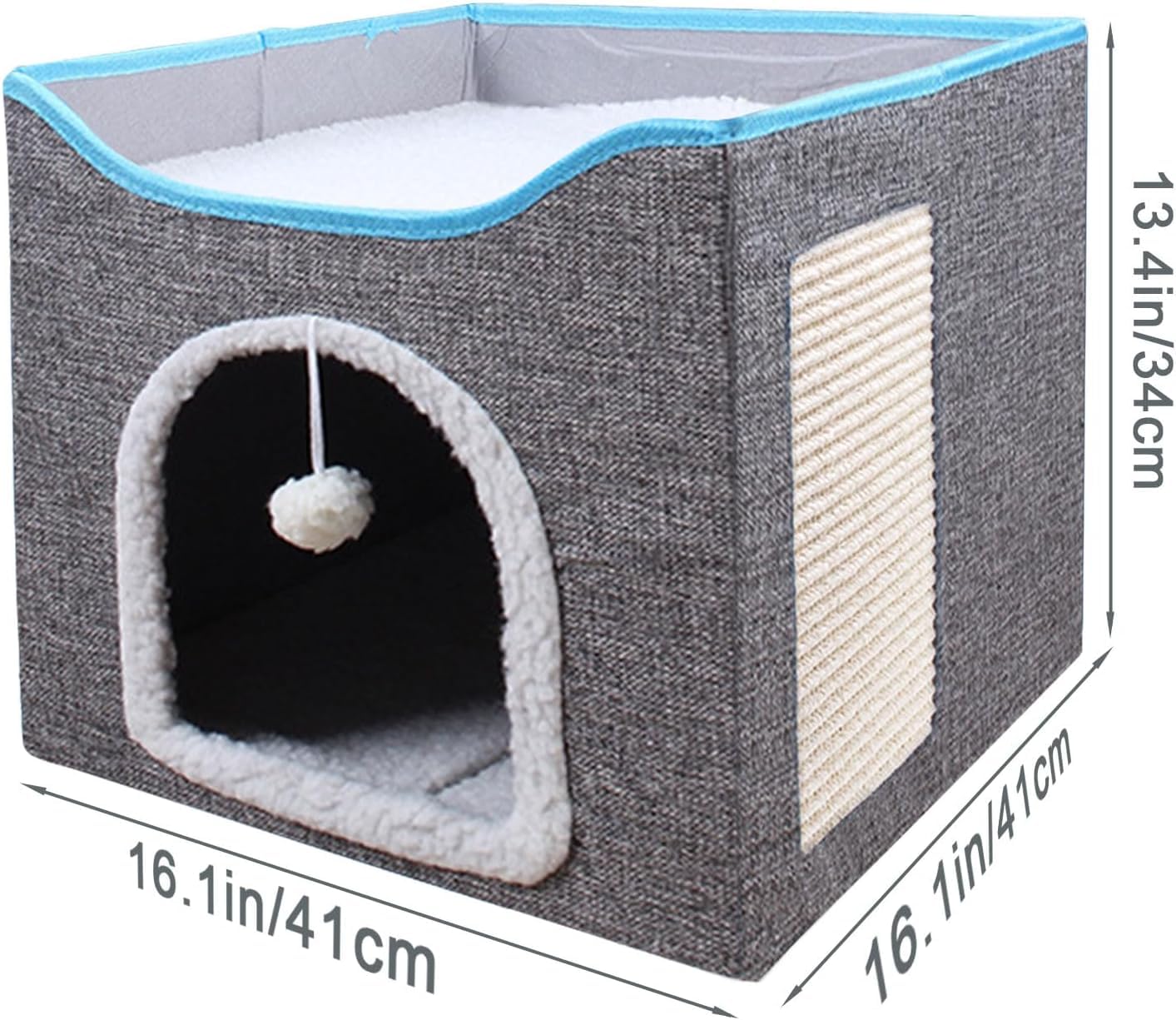 SKY-TOUCH Foldable Cat House Cave Bed with Scratching Board & Fluffy Ball, Indoor Cat Igloo Bed for Multi Small Pets, Grey – Pet Safe Durable, 41x41x35cm