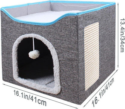 SKY-TOUCH Foldable Cat House Cave Bed with Scratching Board & Fluffy Ball, Indoor Cat Igloo Bed for Multi Small Pets, Grey – Pet Safe Durable, 41x41x35cm