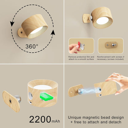 SKY-TOUCH LED Wall Mounted Light, Rechargeable Magnetic 360° Rotation Night Light, Battery Operated Wall Sconce with 3 Color Temperatures & Dimmable, Perfect for Bedroom Bedside
