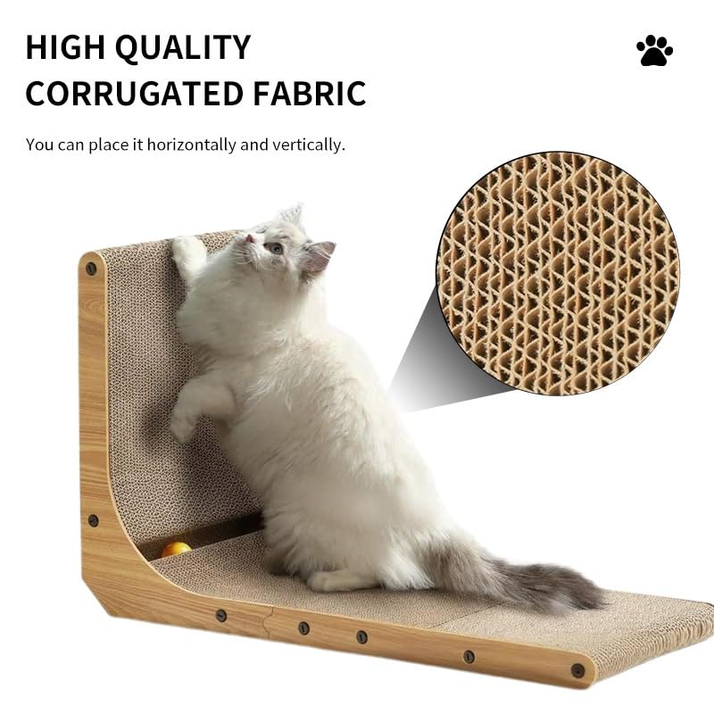 SKY-TOUCH L Shape Cat Scratcher, Large 26.8'' Vertical Cat Scratchers with Ball Toy, Cardboard Scratch Pad for Indoor Cats, Wall and Couch