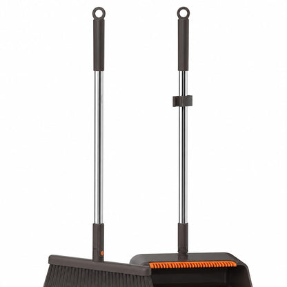 SKY-TOUCH Coffee Brown Broom and Dustpan Set with Long Handle, Upright Standing Dustpan with Built-in Comb Teeth, Indoor Sweeping Cleaning Set for Kitchen, Home, Office and Pet Hair