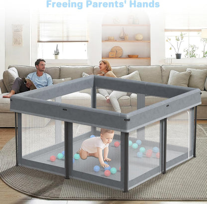 SKY-TOUCH Foldable Baby Playpen 125x125x65cm, Sturdy Anti-Fall Baby Playpen with Breathable Mesh, Portable Play Pen for Babies and Toddlers, Indoor & Outdoor Baby Play Area, Gray - 2 Pull-Up Ring