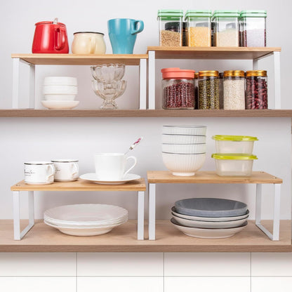 SKY-TOUCH Stackable Kitchen Organizer Shelf, Set of 2 Counter Shelves, Spice Rack, Metal & Engineered Wood, White, Storage Solution for Pantry & Countertop