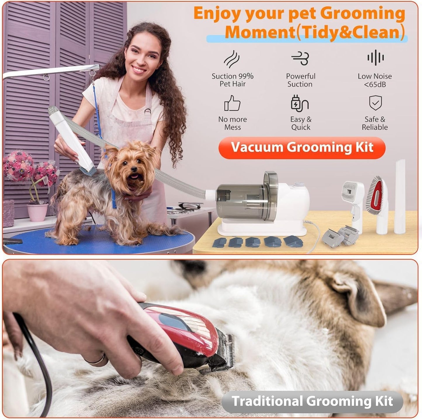 SKY-TOUCH Pet Grooming Kit and Hair Vacuum, 12 in 1 Shedding Grooming Kit, 2L Large Capacity Low Noise Hair Remover Supplies for Dogs & Cats, Professional Grooming Shedding Tools