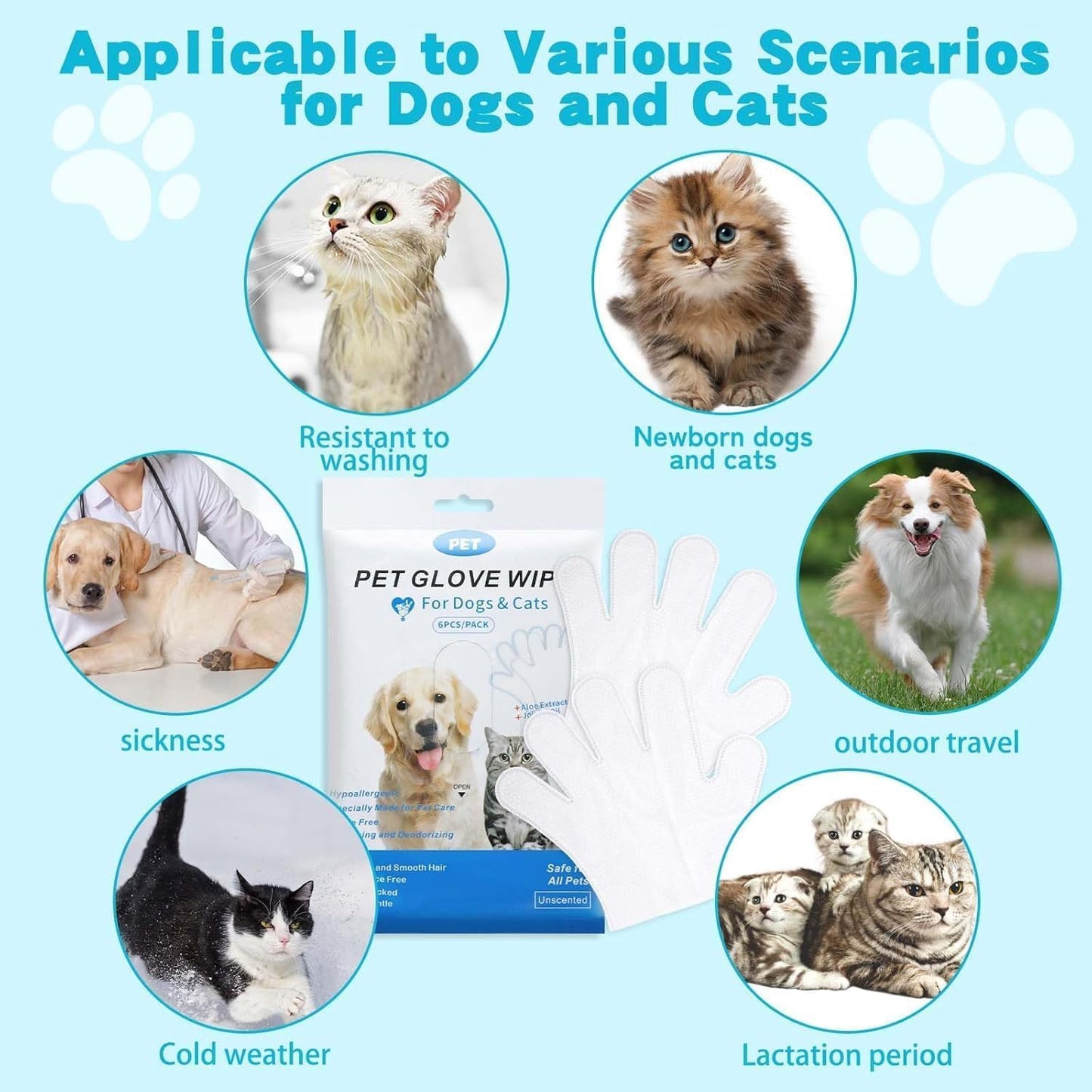 SKY-TOUCH 12Pcs Extra Thick Pet Washing Glove Wipe, Rinse-Free Cleaning & Deodorizing Bathing Mitts, Hypoallergenic Grooming Gloves, Moisturizing & Odor Control for Cat & Dog Daily Care and Travel