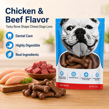 SKY-TOUCH Dog Treats, Bone Shape Dental Chews for Dogs, Long Lasting Chicken Flavor Chew Sticks, Durable Teeth Cleaning Snacks