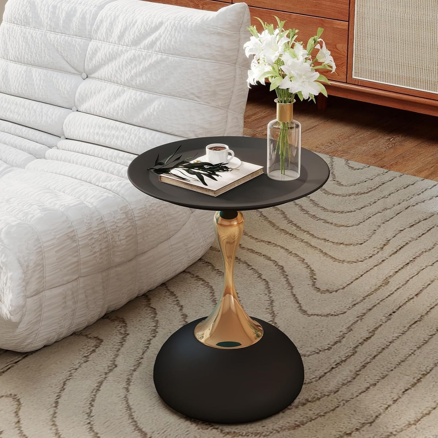 SKY-TOUCH Round Side Table, Slim-waisted Sofa Side Table, Modern Minimalist Style, Electroplated Metal Frame, Suitable For Small Spaces, Living Rooms, And Bedrooms, 39 * 39 * 55cm Black