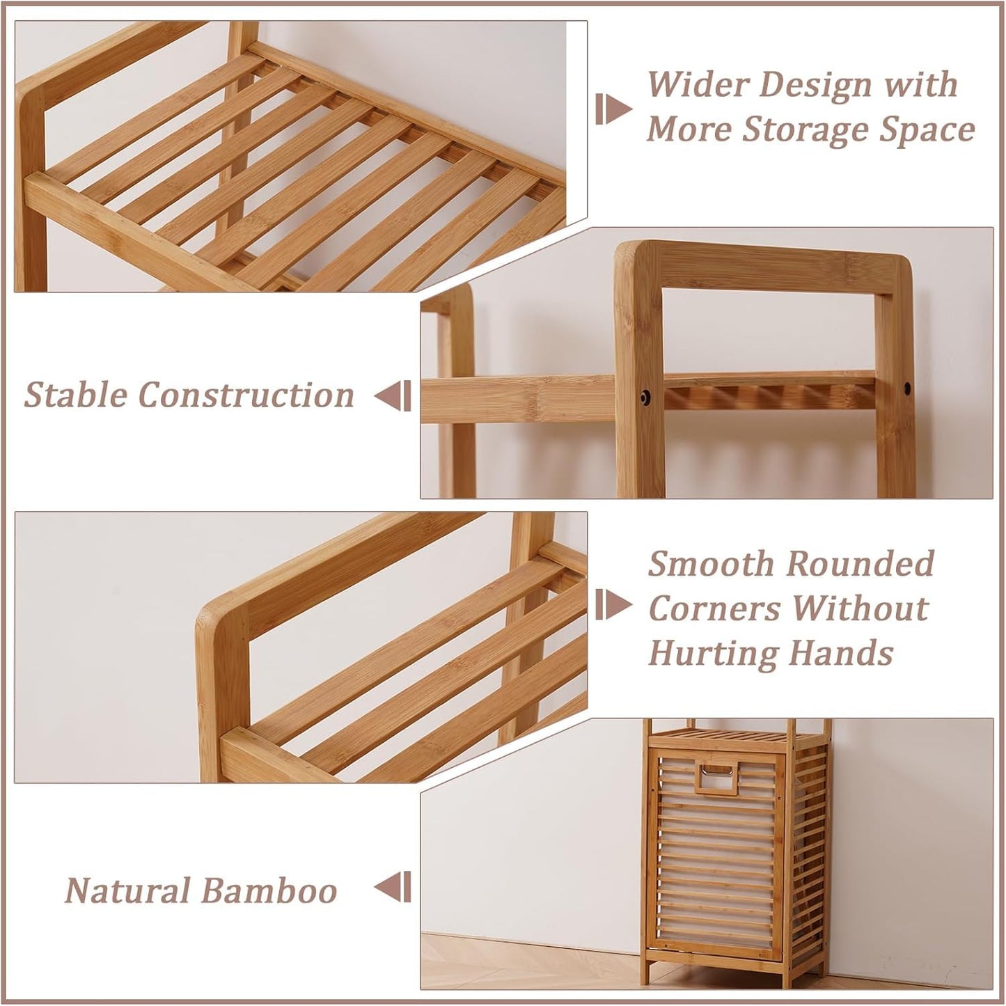 SKY-TOUCH Bamboo Laundry Hamper, Three-tier Open Shelving, Tiltable Design, with Removable Inner Bag, Independent Storage Rack, Suitable for Bathroom, Living Room, and Bedroom