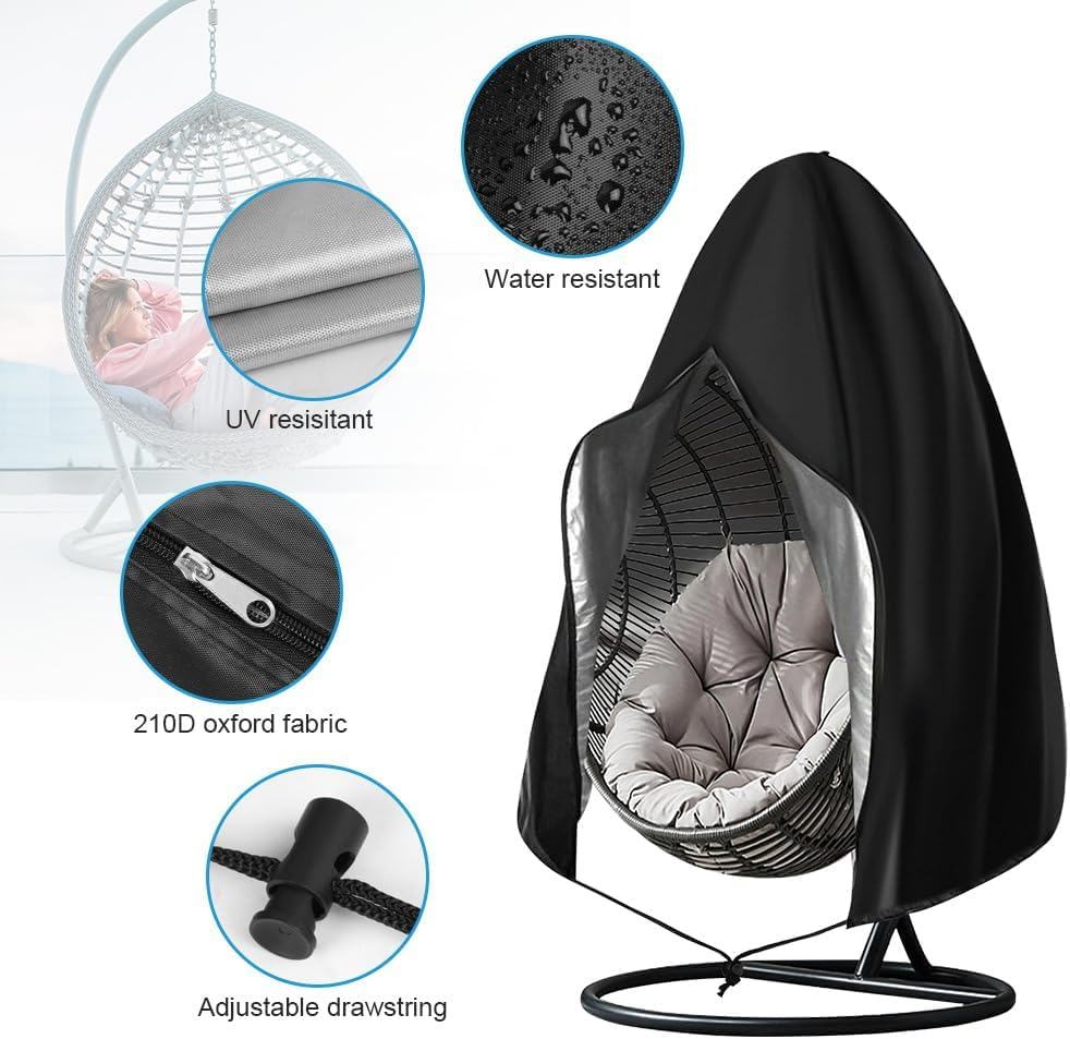 SKY-TOUCH Hanging Egg Chair Cover, 230*200cm 210D Oxford Fabric Swing Chair Cover with Zipper, Waterproof Heavy Duty Windproof Furniture Protector for Outdoor Patio Garden (Black)