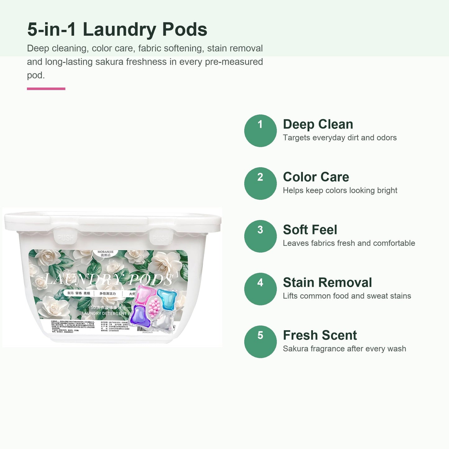 SKY-TOUOCH 5-in-1 Laundry Detergent Pods, 30 Count Sakura Scent Laundry Capsules, Deep Cleaning, Color Care, Softening, Long-Lasting Freshness, Low Foam Easy Rinse, Fast Dissolving