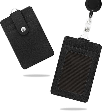 SKY-TOUCH Badge Holder, PU Leather Card Wallet with Retractable Clip, Featuring 3 Card Slots And a Neck Lanyard/Shoulder Strap Suitable for Office IDs, Student IDs, And Driver's Licenses Black
