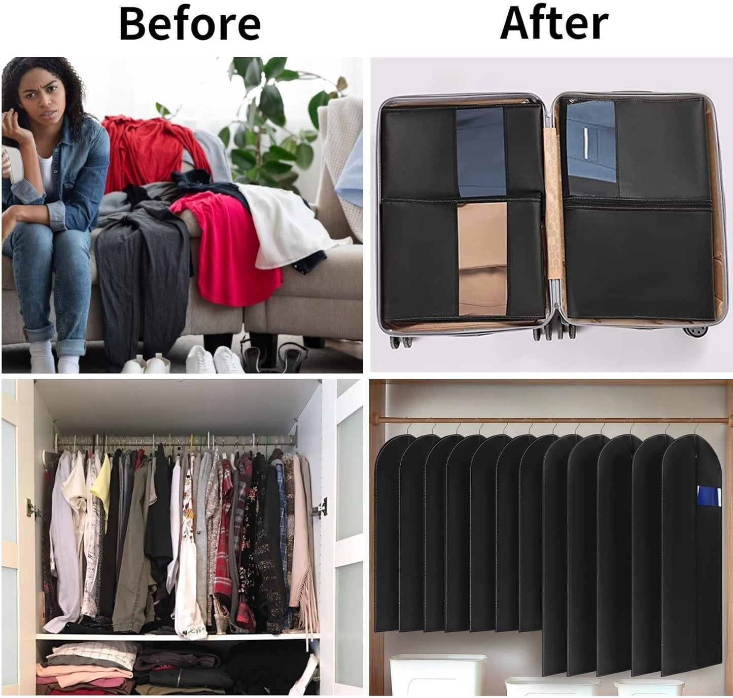 SKY-TOUCH 6 Pack Dress Garment Bags for Hanging Clothes, PEVA Coat & Gown Covers, Dustproof, Waterproof, with Clear PVC Windows, Black, 60-Inch, Home & Travel Clothing Protector