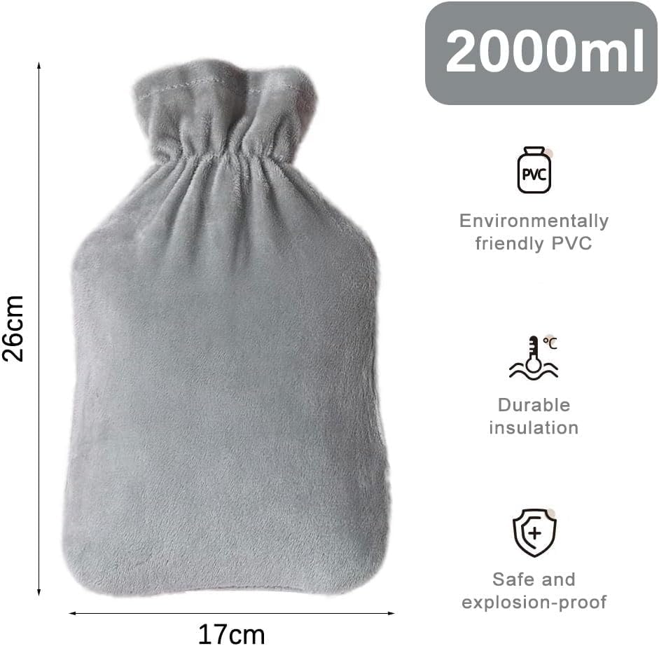 SKY-TOUCH Hot Water Bottle, Hot Water Bottle with Cover, 2L Large Capacity Hot Water Bag, Skin-Friendly Material and Long-Lasting Warmth Suitable for Children and Adults Bed Warmer Bag(Grey)