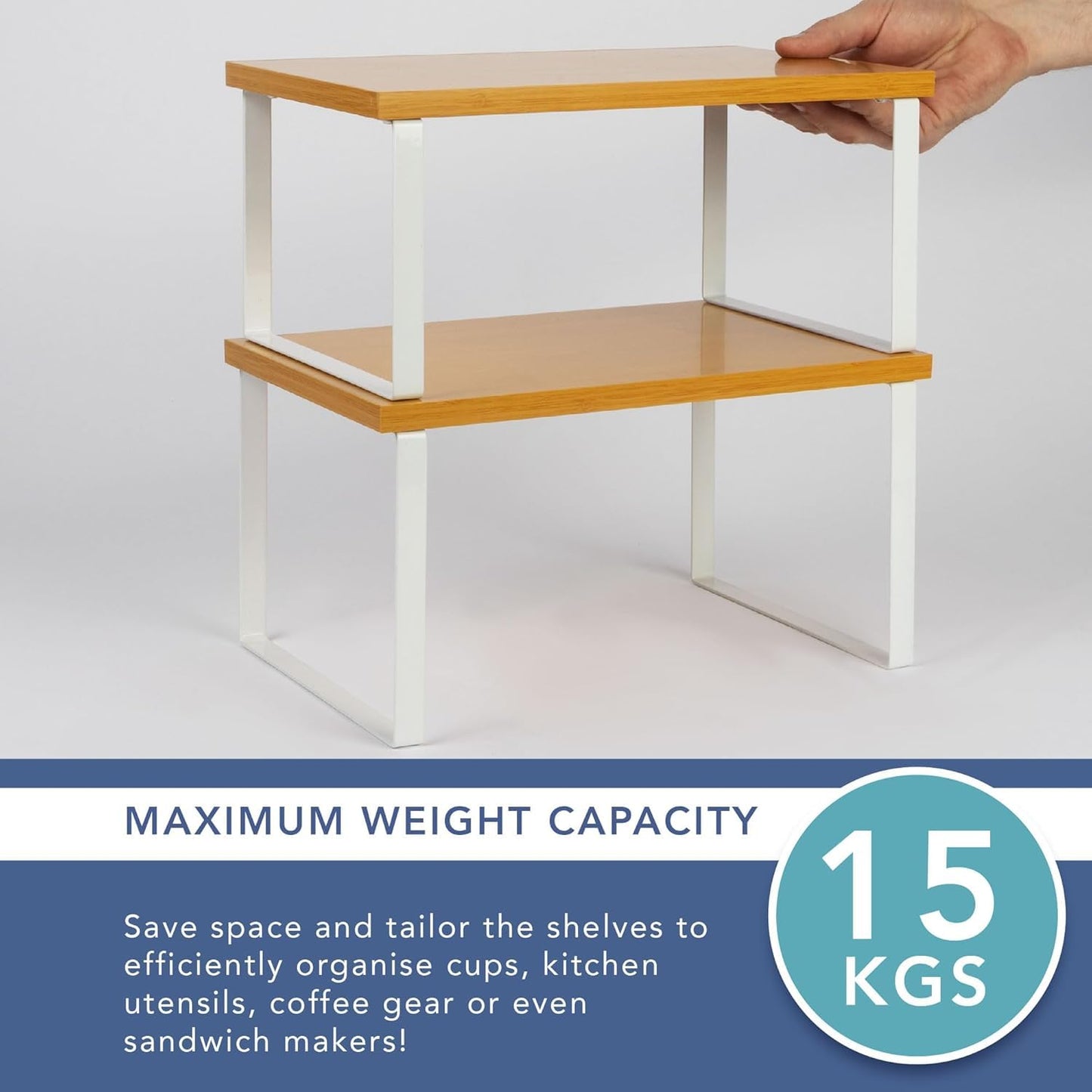 SKY-TOUCH Stackable Kitchen Organizer Shelf, Set of 2 Counter Shelves, Spice Rack, Metal & Engineered Wood, White, Storage Solution for Pantry & Countertop