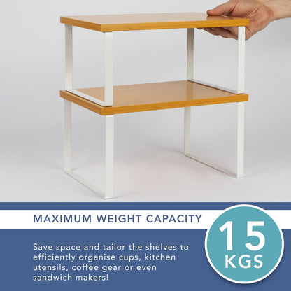 SKY-TOUCH Stackable Kitchen Organizer Shelf, Set of 2 Counter Shelves, Spice Rack, Metal & Engineered Wood, White, Storage Solution for Pantry & Countertop