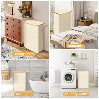 SKY-TOUCH 65L Slim Laundry Basket with Lid, Beige Foldable Laundry Hamper with Removable Inner Bag, Narrow Clothes Basket for Bedroom, Bathroom, Laundry Room & Dorm, 41x22x72cm, Beige