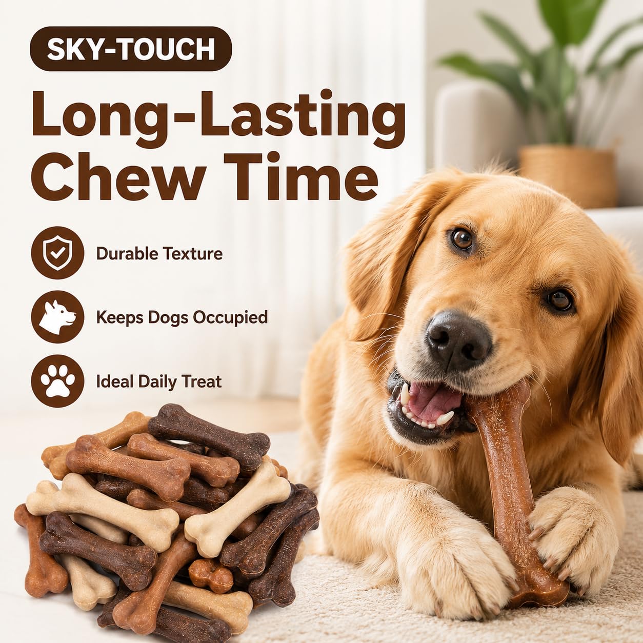 SKY-TOUCH Dog Treats, Bone Shape Dental Chews for Dogs, Long Lasting Chicken Flavor Chew Sticks, Durable Teeth Cleaning Snacks