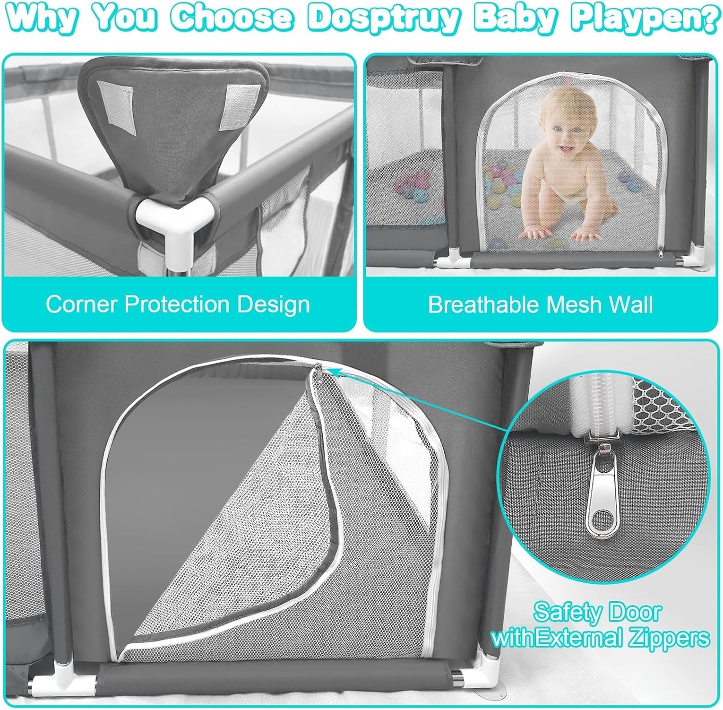 SKY-TOUCH Baby Playpen, Extra Large Playpen for Babies, Kids Safe Play Center for Babies with Breathable Mesh and Zipper Door，and Toddlers Gives Mommy a Break