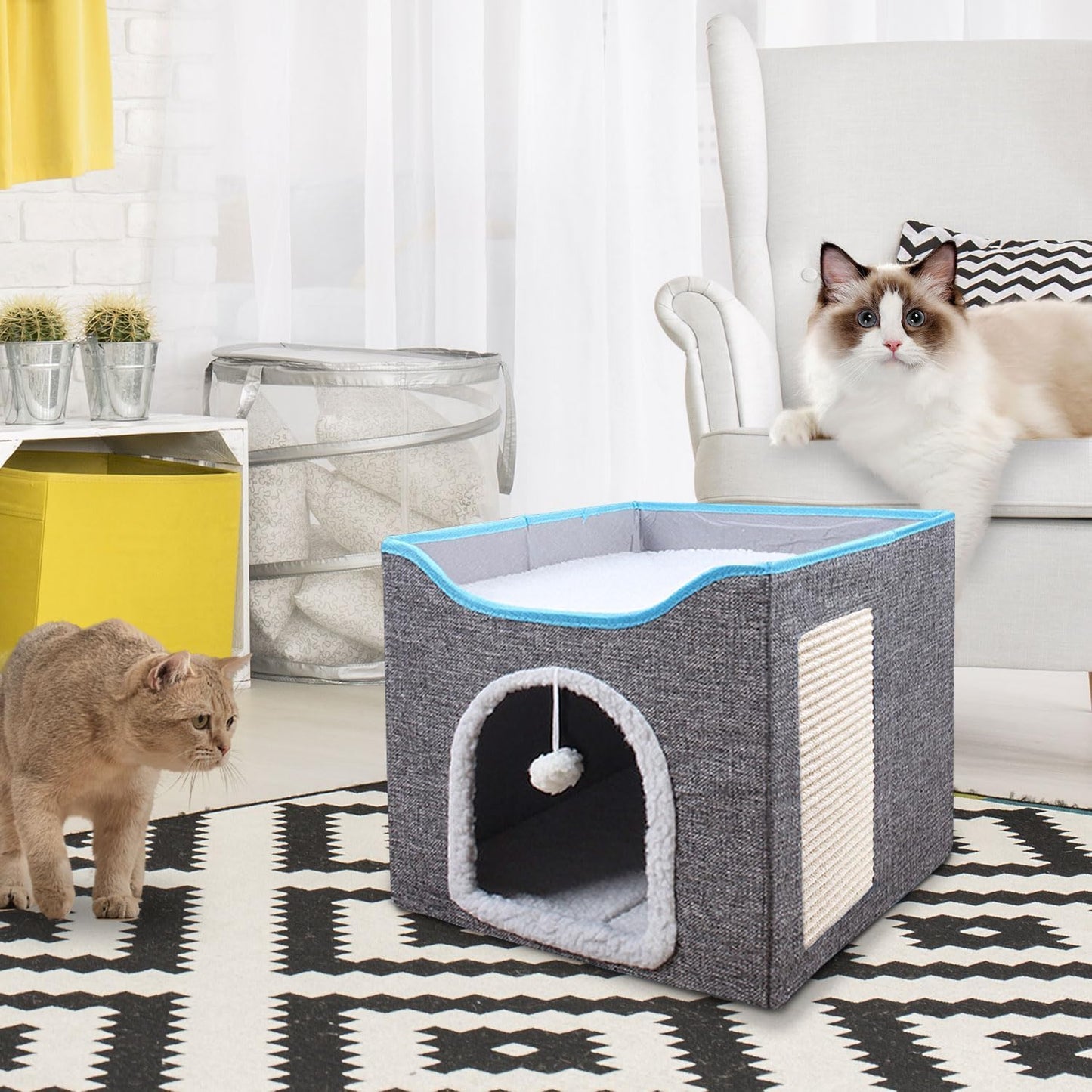SKY-TOUCH Foldable Cat House Cave Bed with Scratching Board & Fluffy Ball, Indoor Cat Igloo Bed for Multi Small Pets, Grey – Pet Safe Durable, 41x41x35cm