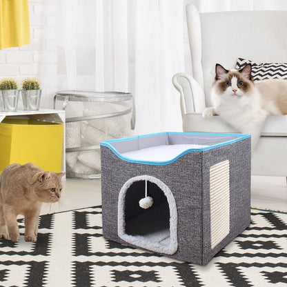 SKY-TOUCH Foldable Cat House Cave Bed with Scratching Board & Fluffy Ball, Indoor Cat Igloo Bed for Multi Small Pets, Grey – Pet Safe Durable, 41x41x35cm