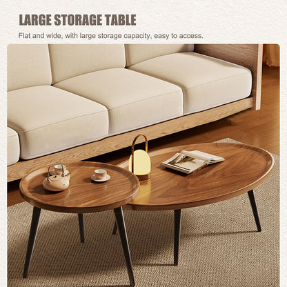 SKY-TOUCH Wooden Coffee Table Set – Modern Style Side Tables; Features Spacious Tabletops And Non-slip Tray Designs, With Steel Frames And Wooden Structures 50 x 50 x 47.5 cm & 80 x 55 x 38 cm