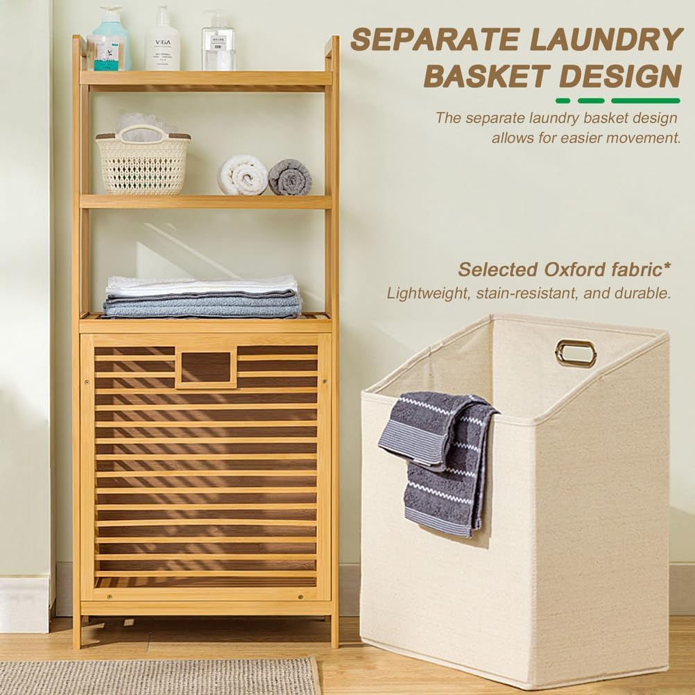 SKY-TOUCH Bamboo Laundry Hamper, Three-tier Open Shelving, Tiltable Design, with Removable Inner Bag, Independent Storage Rack, Suitable for Bathroom, Living Room, and Bedroom