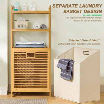 SKY-TOUCH Bamboo Laundry Hamper, Three-tier Open Shelving, Tiltable Design, with Removable Inner Bag, Independent Storage Rack, Suitable for Bathroom, Living Room, and Bedroom