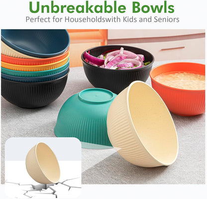 SKY-TOUCH 4 Pack Wheat Straw Bowls, 24 oz Reusable Unbreakable Bowls with 3D Textured Stripe Design, Lightweight BPA-Free Bowls, Dishwasher Safe Salad Soup Cereal Bowls for Kitchen Dining Outdoor Use