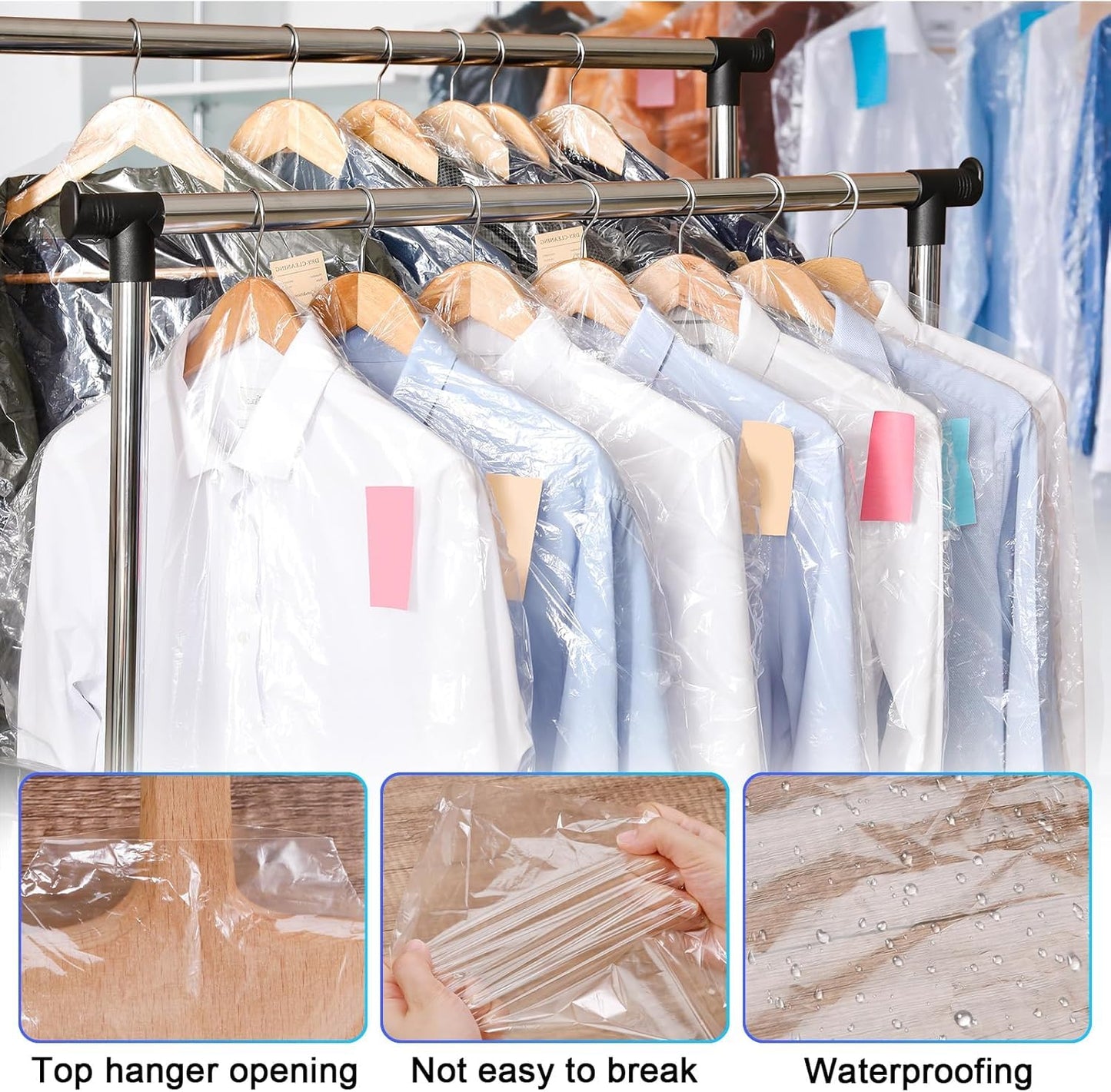 SKY-TOUCH 50 Pack Plastic Garment Bags, Clear Dustproof Clothes Covers for Suits, Dresses, Jackets, and Shirts – Heavy Duty,Waterproof, and Tear-Resistant, 60 x 120 cm