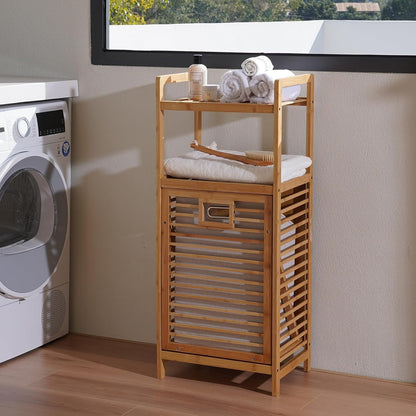 SKY-TOUCH Bamboo Laundry Hamper, Three-tier Open Shelving, Tiltable Design, with Removable Inner Bag, Independent Storage Rack, Suitable for Bathroom, Living Room, and Bedroom