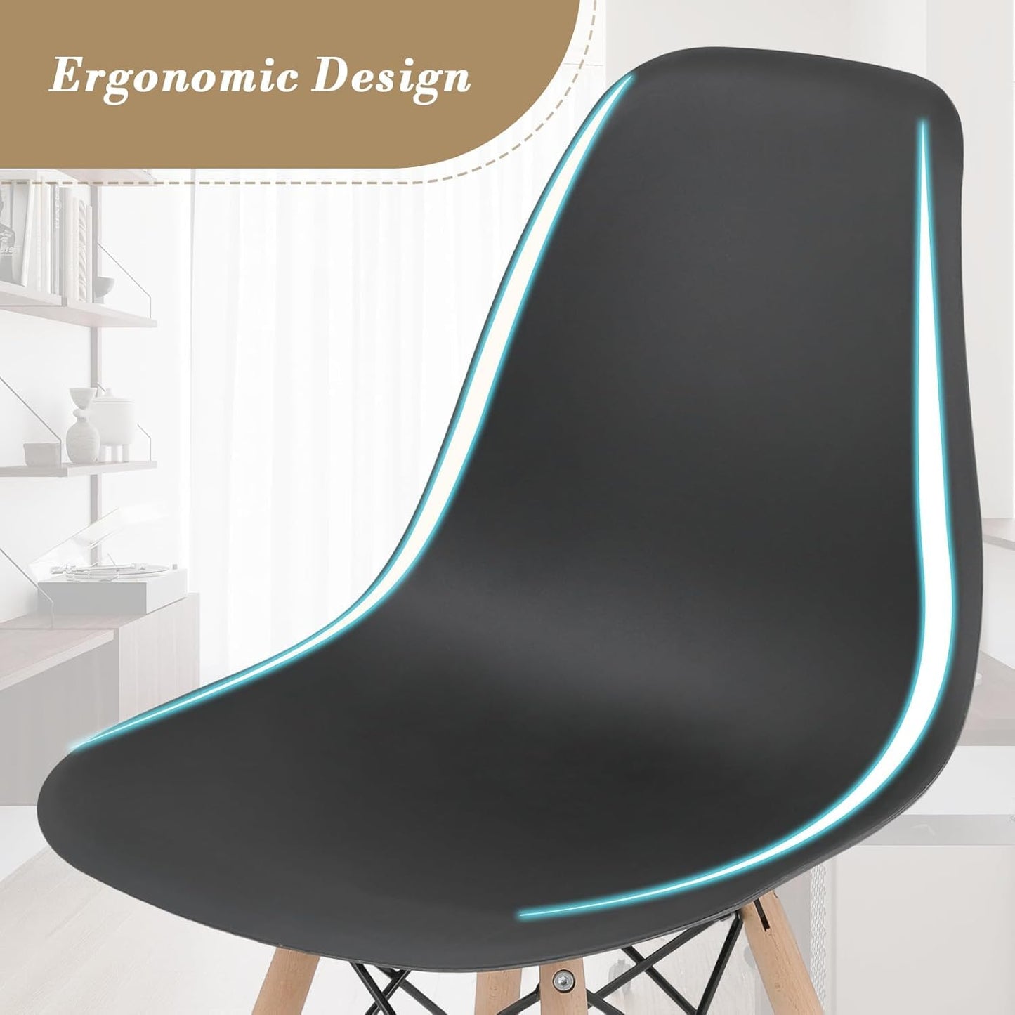SKY-TOUCH Modern Dining Chair Dining Side Chairs set of 1, Simple Office Chair, Lounge Shell Chair with Folding Wood Legs and Plastic Seat, for Kitchen, Dining, Bedroom, Living Room,Black,40*40*82cm