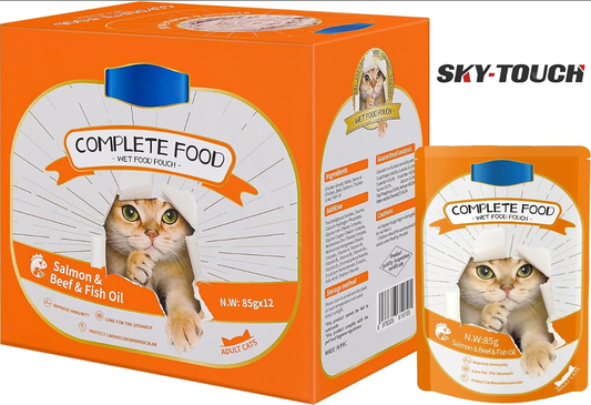 SKY-TOUCH Cat Wet Food 12x85g, Complete Nutrition for Balanced Diet, Grain & Potato Free Formula, Cat Velvet Mousse For All Life Stages, 85g Pouch (12 Pouch Salmon)
