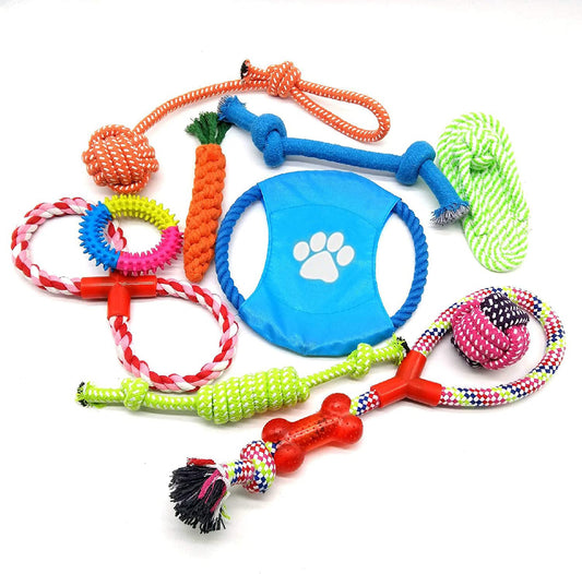 SKY-TOUCH 10pcs Pet Cotton Rope Dog Toy，Pet Puppy Toys Gift Set Combination Ball Doll Carrot Pattern，Harmless Puppy Chew Teeth Training Toys for Dog Cat Colorful