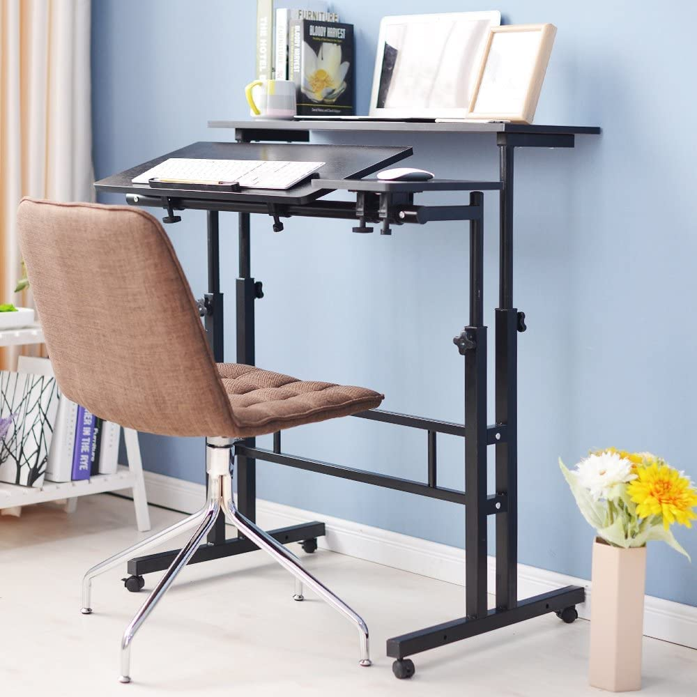 SKY-TOUCH Mobile Standing Desk, Height Adjustable Sit Stand Mobile Laptop Computer Tablet, Home Office Desk With Wheels For Computer Workstation,Black