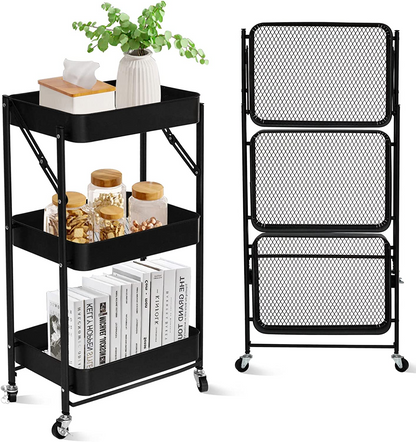 SKY-TOUCH 3 Tier Foldable Metal Rolling Utility Cart Organizer, 46x30x76cm Multipurpose Organizer Trolley with Casters for Kitchen, Bedroom, Bathroom, Office, Laundry Room and Garage