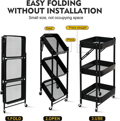 SKY-TOUCH 3 Tier Foldable Metal Rolling Utility Cart Organizer, 46x30x76cm Multipurpose Organizer Trolley with Casters for Kitchen, Bedroom, Bathroom, Office, Laundry Room and Garage