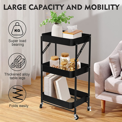 SKY-TOUCH 3 Tier Foldable Metal Rolling Utility Cart Organizer, 46x30x76cm Multipurpose Organizer Trolley with Casters for Kitchen, Bedroom, Bathroom, Office, Laundry Room and Garage