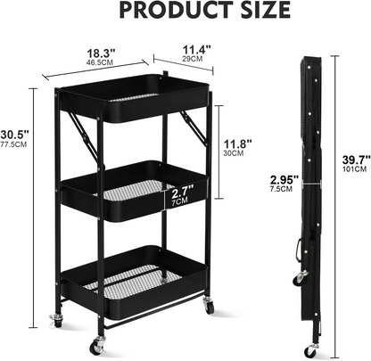 SKY-TOUCH 3 Tier Foldable Metal Rolling Utility Cart Organizer, 46x30x76cm Multipurpose Organizer Trolley with Casters for Kitchen, Bedroom, Bathroom, Office, Laundry Room and Garage