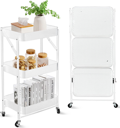 SKY-TOUCH 3 Tier Foldable Metal Rolling Utility Cart Organizer, 46x30x76cm Multipurpose Organizer Trolley with Casters for Kitchen, Bedroom, Bathroom, Office, Laundry Room and Garage