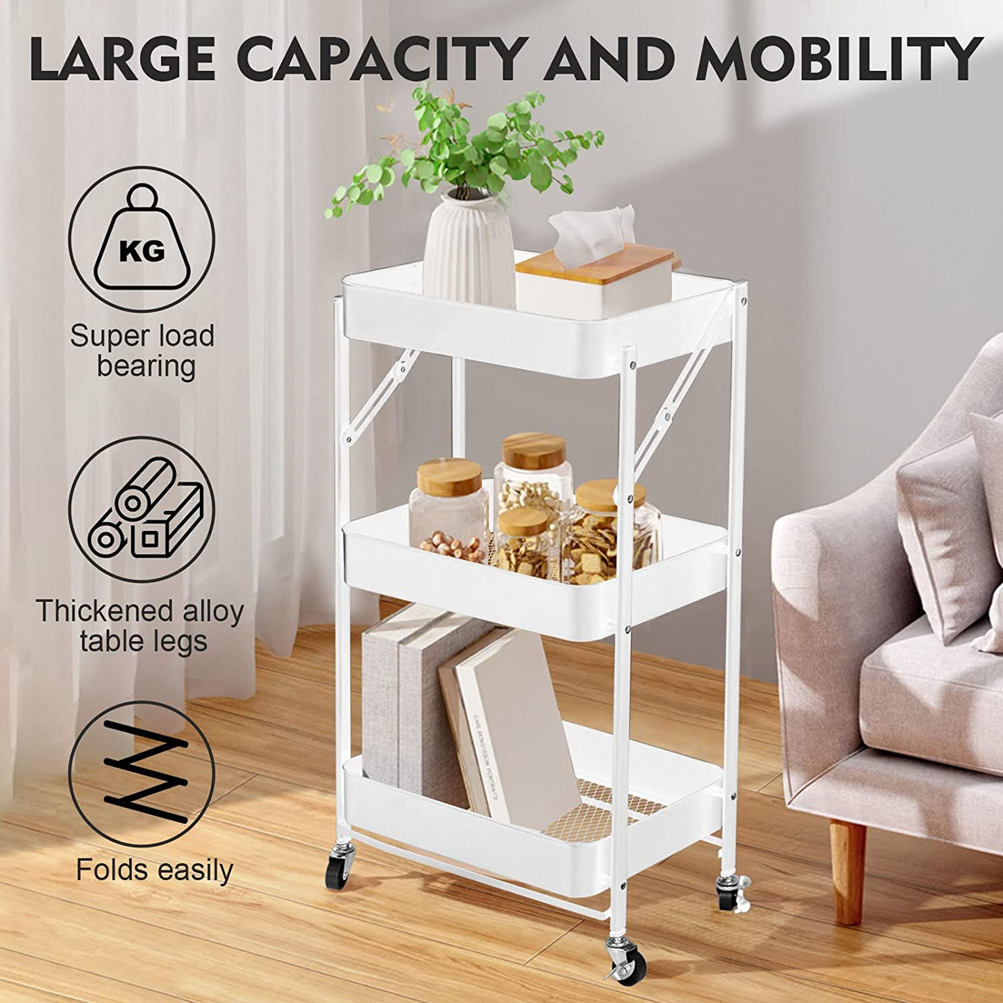 SKY-TOUCH 3 Tier Foldable Metal Rolling Utility Cart Organizer, 46x30x76cm Multipurpose Organizer Trolley with Casters for Kitchen, Bedroom, Bathroom, Office, Laundry Room and Garage