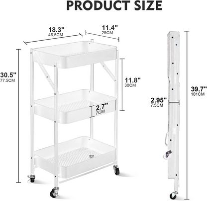 SKY-TOUCH 3 Tier Foldable Metal Rolling Utility Cart Organizer, 46x30x76cm Multipurpose Organizer Trolley with Casters for Kitchen, Bedroom, Bathroom, Office, Laundry Room and Garage