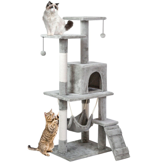 SKY-TOUCH Cat Tree Tower，Cat Condo with 4 Sisal Scratching Post,Activity Centre Cat Climbing Tree with Cat House，Hammock, Sisal Posts, Ladder, and Rest Place for Indoor Cat（120×54×30cm）Grey