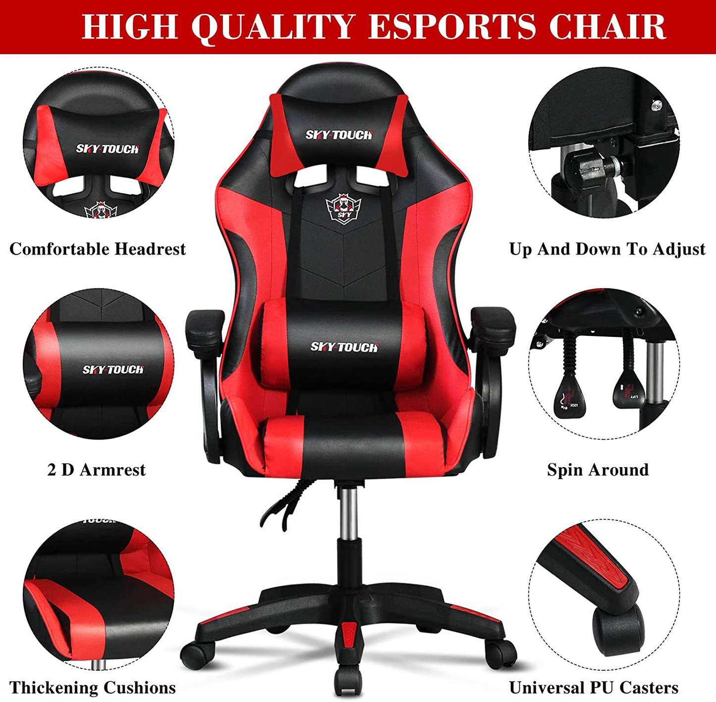 SKY-TOUCH Gaming Chair，Adjustable Computer Chair Pc Office Pu Leather High Back, Ergonomic design Lumbar Support,Comfortable Armrest Headrest