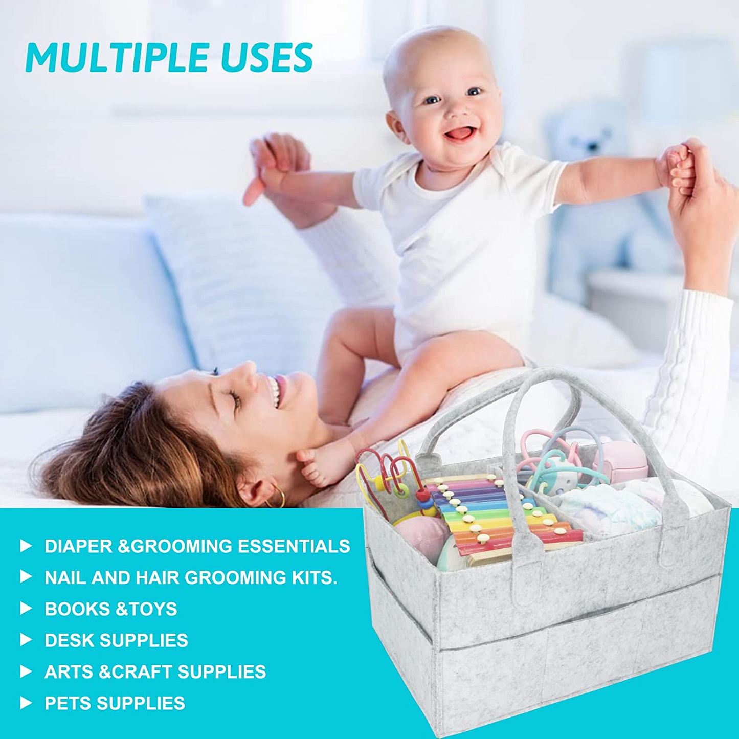 SKY-TOUCH Baby Diaper Caddy Organizer Tote Bag - Nursery Storage Bin for Changing Table | Portable Car Travel Organizer